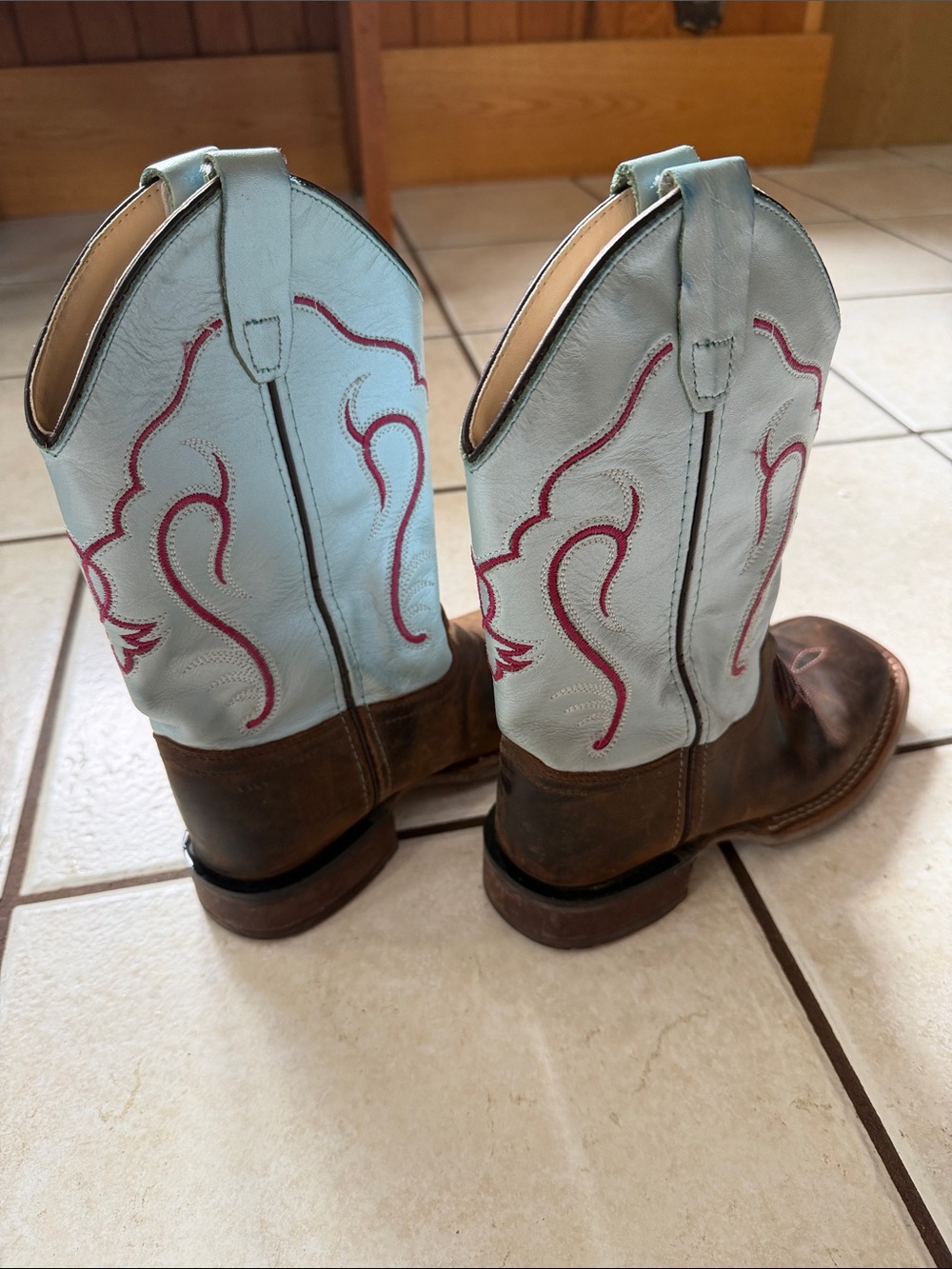 Old West Girl’s Brown Leather Boots with Light Blue Shaft and Pink Stitching